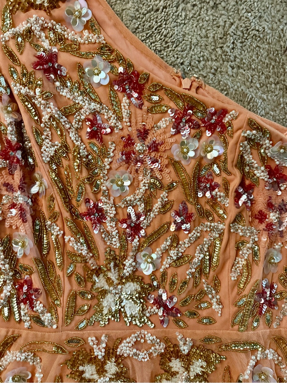 Mac Duggal Orange One-Shoulder Floral Sequin Evening Gown - Picture 3 of 6
